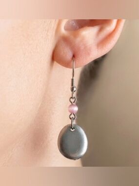 Silver Pink Cat Eye Stone Dangle Earrings Minimalist Quiet Luxury